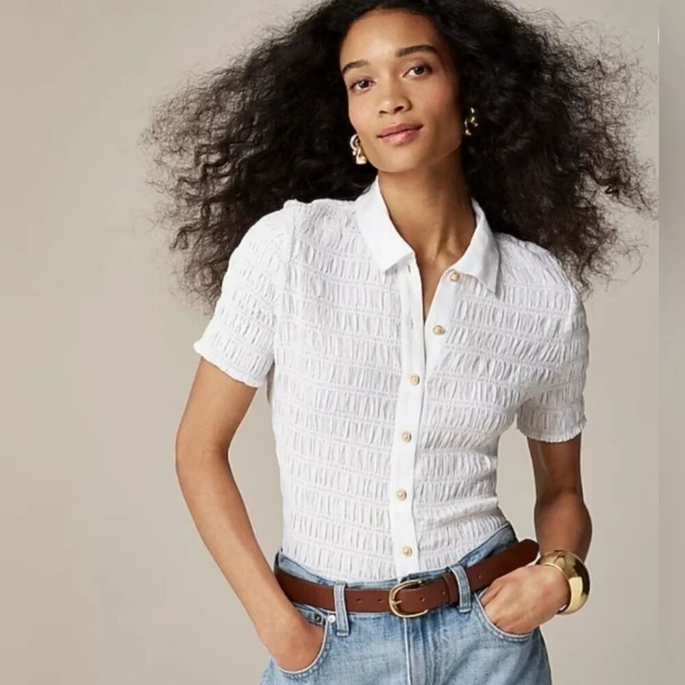 J. Crew Smocked Button Up Shirt Cotton Blend Voile White Gold Size Large
